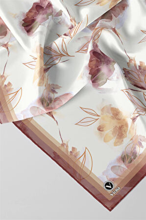 Twill Suluboya Çiçek Desenli Gül Kurusu Renkli 90x90 Eşarp (İpek İçermez) Kenar Dikiş Şekli El Dikişli