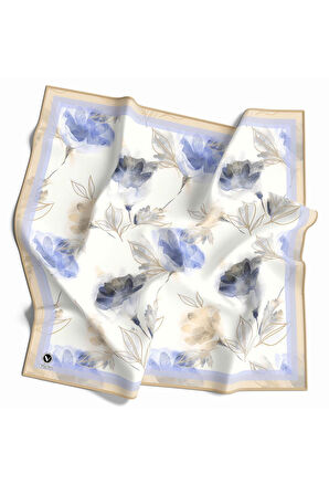 Twill Suluboya Çiçek Desenli Bebe Mavisi Renkli 90x90 Eşarp (İpek İçermez) Kenar Dikiş Şekli El Dikişli