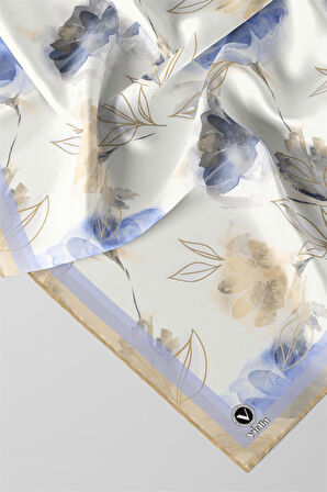 Twill Suluboya Çiçek Desenli Bebe Mavisi Renkli 90x90 Eşarp (İpek İçermez) Kenar Dikiş Şekli El Dikişli