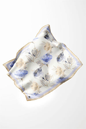 Twill Suluboya Çiçek Desenli Bebe Mavisi Renkli 90x90 Eşarp (İpek İçermez) Kenar Dikiş Şekli El Dikişli