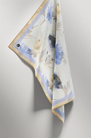 Twill Suluboya Çiçek Desenli Bebe Mavisi Renkli 90x90 Eşarp (İpek İçermez) Kenar Dikiş Şekli El Dikişli