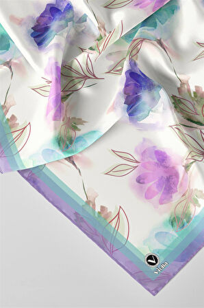 Twill Suluboya Çiçek Desenli Mint Yeşili Renkli 90x90 Eşarp (İpek İçermez) Kenar Dikiş Şekli El Dikişli