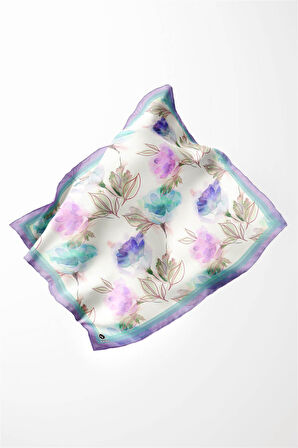 Twill Suluboya Çiçek Desenli Mint Yeşili Renkli 90x90 Eşarp (İpek İçermez) Kenar Dikiş Şekli El Dikişli