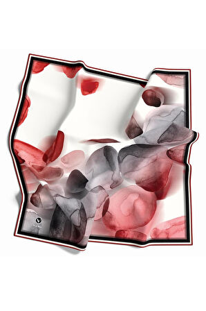 Twill Sulu Boya Desenli Kırmızı - Gri Renkli 90x90 Eşarp (İpek İçermez) Kenar Dikiş Şekli El Dikişli