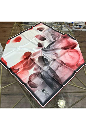 Twill Sulu Boya Desenli Kırmızı - Gri Renkli 90x90 Eşarp (İpek İçermez) Kenar Dikiş Şekli El Dikişli