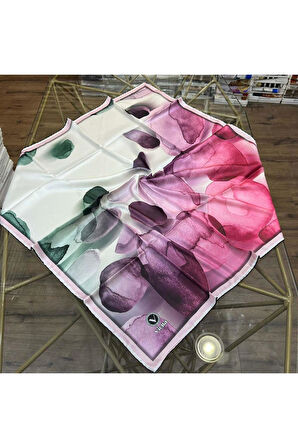 Twill Sulu Boya Desenli Mürdüm - Fuşya Renkli 90x90 Eşarp (İpek İçermez) Kenar Dikiş Şekli El Dikişli