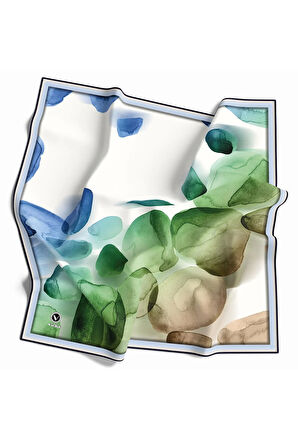 Twill Sulu Boya Desenli Saks - Zümrüt Yeşili Renkli 90x90 Eşarp (İpek İçermez) Kenar Dikiş Şekli El Dikişli