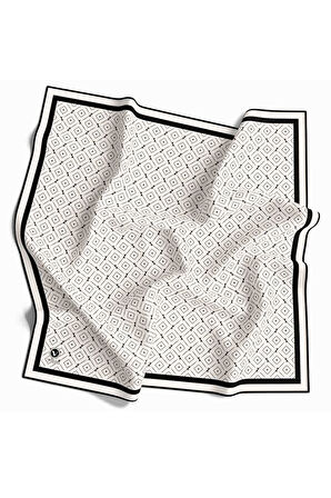 Kristal Çıtır Desenli Krem - Siyah Renkli 90x90 Eşarp (İpek İçermez) Kenar Dikiş Şekli El Dikişli