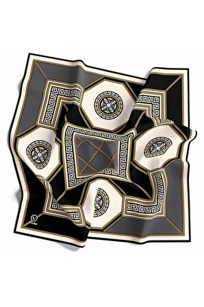 Twill Barok Desenli Gri Renkli 90x90 Eşarp (İpek İçermez) Kenar Dikiş Şekli El Dikişli