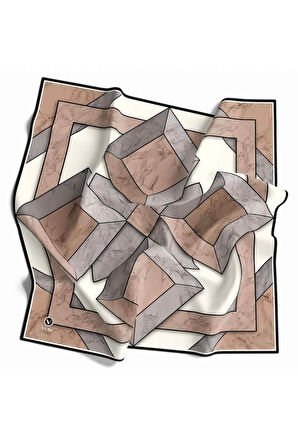 Twill Mermer Desenli Gri - Bej Renkli 90x90 Eşarp (İpek İçermez) Kenar Dikiş Şekli El Dikişli