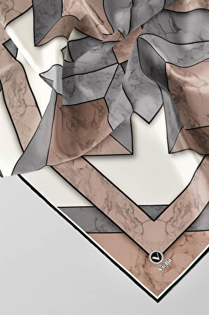 Twill Mermer Desenli Gri - Bej Renkli 90x90 Eşarp (İpek İçermez) Kenar Dikiş Şekli El Dikişli