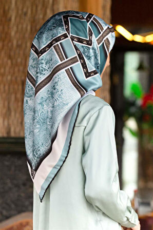Twill Geometrik Desenli Petrol Yeşili Renkli 90x90 Eşarp (İpek İçermez) Kenar Dikiş Şekli El Dikişli