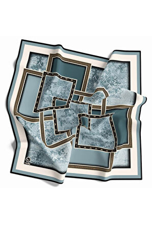 Twill Geometrik Desenli Petrol Yeşili Renkli 90x90 Eşarp (İpek İçermez) Kenar Dikiş Şekli El Dikişli