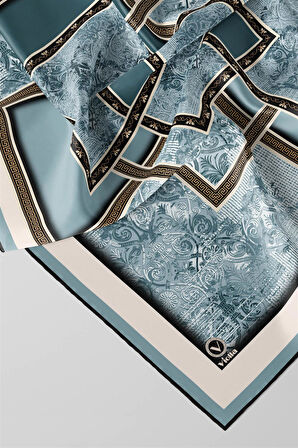 Twill Geometrik Desenli Petrol Yeşili Renkli 90x90 Eşarp (İpek İçermez) Kenar Dikiş Şekli El Dikişli