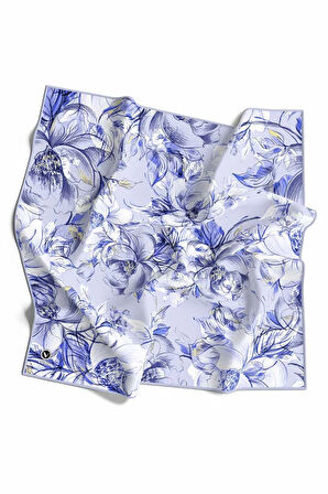 Rayon Güllerin İçinden Desenli İndigo Renkli 90x90 Eşarp (İpek İçermez) Kenar Dikiş Şekli El Dikişli