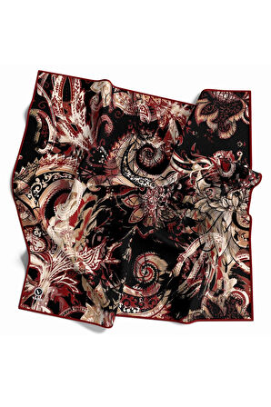 Twill Şal Desenli Bordo Renkli 90x90 Eşarp (İpek İçermez) Kenar Dikiş Şekli El Dikişli