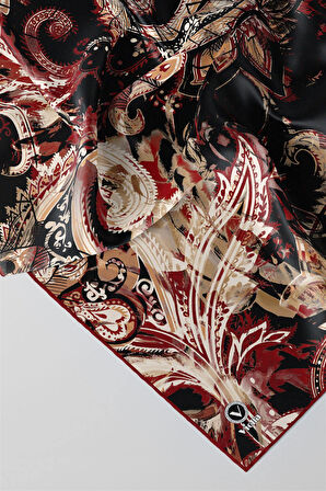 Twill Şal Desenli Bordo Renkli 90x90 Eşarp (İpek İçermez) Kenar Dikiş Şekli El Dikişli