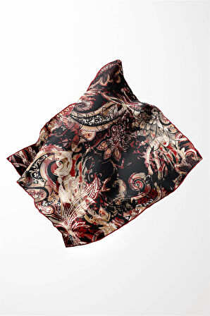 Twill Şal Desenli Bordo Renkli 90x90 Eşarp (İpek İçermez) Kenar Dikiş Şekli El Dikişli