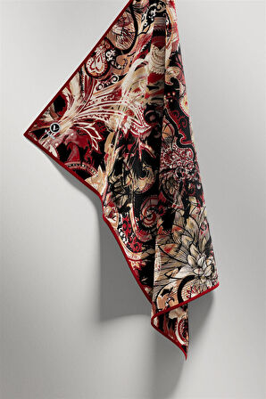 Twill Şal Desenli Bordo Renkli 90x90 Eşarp (İpek İçermez) Kenar Dikiş Şekli El Dikişli