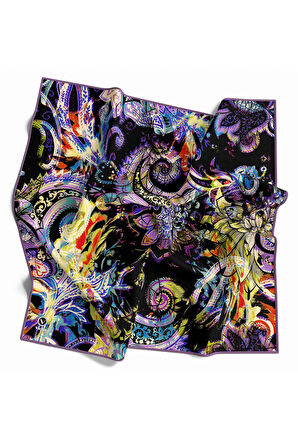 Twill Şal Desenli Lila Renkli 90x90 Eşarp (İpek İçermez) Kenar Dikiş Şekli El Dikişli