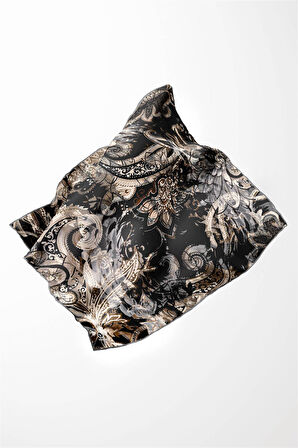 Twill Şal Desenli Gri Renkli 90x90 Eşarp (İpek İçermez) Kenar Dikiş Şekli El Dikişli