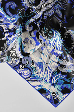 Twill Şal Desenli Saks Renkli 90x90 Eşarp (İpek İçermez) Kenar Dikiş Şekli El Dikişli