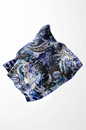 Twill Şal Desenli Saks Renkli 90x90 Eşarp (İpek İçermez) Kenar Dikiş Şekli El Dikişli