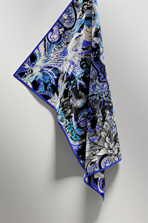 Twill Şal Desenli Saks Renkli 90x90 Eşarp (İpek İçermez) Kenar Dikiş Şekli El Dikişli