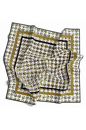 Twill Kazayağı Desenli Hardal Renkli 90x90 Eşarp (İpek İçermez) Kenar Dikiş Şekli El Dikişli