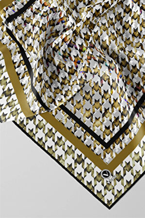 Twill Kazayağı Desenli Hardal Renkli 90x90 Eşarp (İpek İçermez) Kenar Dikiş Şekli El Dikişli
