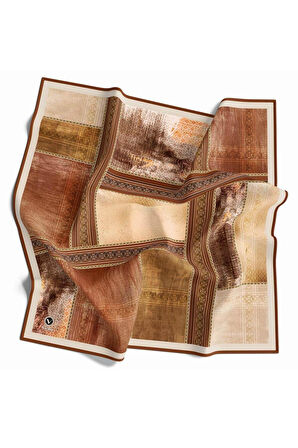 Twill Dokulu Ve Geometrik Desenli Taba Renkli 90x90 Eşarp (İpek İçermez) Dikim Şekli : El Dikişi