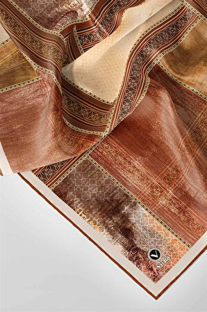 Twill Dokulu Ve Geometrik Desenli Taba Renkli 90x90 Eşarp (İpek İçermez) Dikim Şekli : El Dikişi