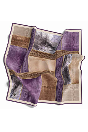 Twill Dokulu Ve Geometrik Desenli Mor Renkli 90x90 Eşarp (İpek İçermez) Dikim Şekli : El Dikişi