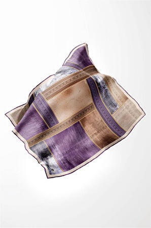 Twill Dokulu Ve Geometrik Desenli Mor Renkli 90x90 Eşarp (İpek İçermez) Dikim Şekli : El Dikişi