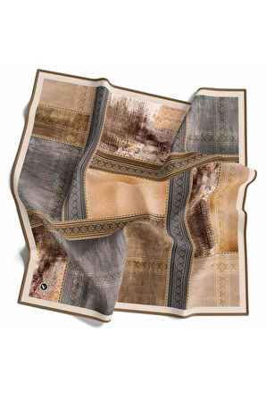 Twill Dokulu Ve Geometrik Desenli Gri Renkli 90x90 Eşarp (İpek İçermez) Dikim Şekli : El Dikişi