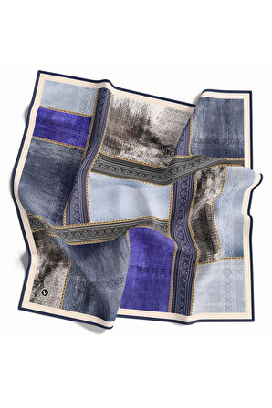 Twill Dokulu Ve Geometrik Desenli Saks Renkli 90x90 Eşarp (İpek İçermez) Dikim Şekli : El Dikişi