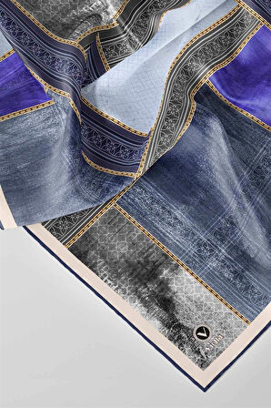 Twill Dokulu Ve Geometrik Desenli Saks Renkli 90x90 Eşarp (İpek İçermez) Dikim Şekli : El Dikişi