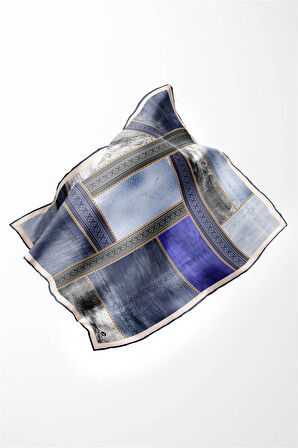 Twill Dokulu Ve Geometrik Desenli Saks Renkli 90x90 Eşarp (İpek İçermez) Dikim Şekli : El Dikişi