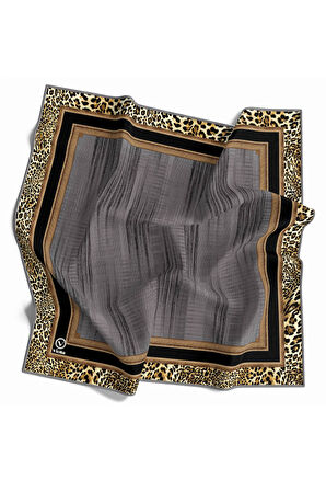 Soft Leopar Bordür Desenli Gri Renkli 90x90 Eşarp (İpek İçermez) Kenar Dikiş Şekli El Dikişli