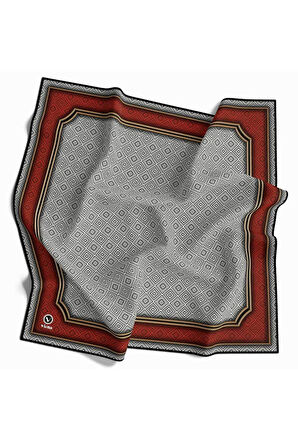 Twill Geometrik Çıtır Desenli Kırmızı Renkli 90x90 Eşarp (İpek İçermez) Kenar Dikiş Şekli El Dikişli