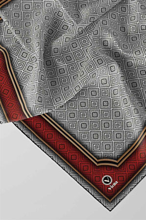 Twill Geometrik Çıtır Desenli Kırmızı Renkli 90x90 Eşarp (İpek İçermez) Kenar Dikiş Şekli El Dikişli