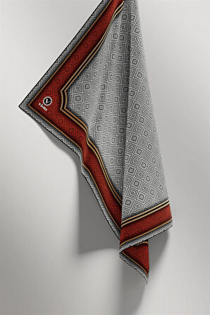 Twill Geometrik Çıtır Desenli Kırmızı Renkli 90x90 Eşarp (İpek İçermez) Kenar Dikiş Şekli El Dikişli