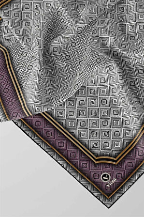 Twill Geometrik Çıtır Desenli Lila Renkli 90x90 Eşarp (İpek İçermez) Kenar Dikiş Şekli El Dikişli