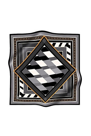Soft Geometrik Desenli Gri Renkli 90x90 Eşarp (İpek İçermez) Kenar Dikiş Şekli El Dikişli
