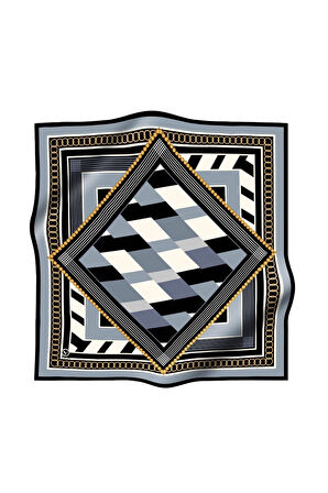 Soft Geometrik Desenli İndigo Renkli 90x90 Eşarp (İpek İçermez) Kenar Dikiş Şekli El Dikişli