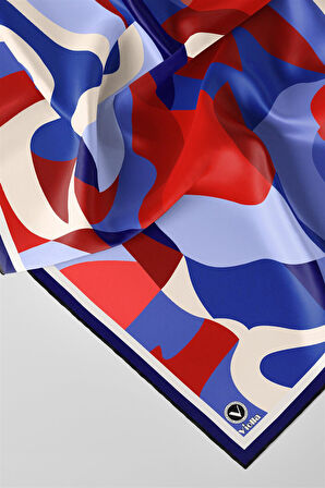 Twill Sulu Boyalı Çiçek Desenli Lacivert - Kırmızı Renkli 90x90 Eşarp (İpek İçermez) Dikim Şekli : El Dikişi