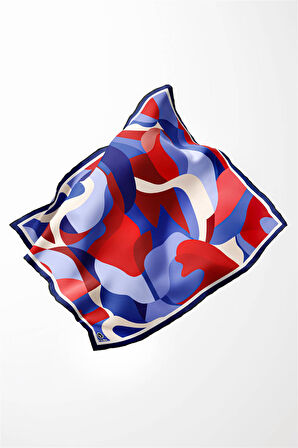 Twill Sulu Boyalı Çiçek Desenli Lacivert - Kırmızı Renkli 90x90 Eşarp (İpek İçermez) Dikim Şekli : El Dikişi