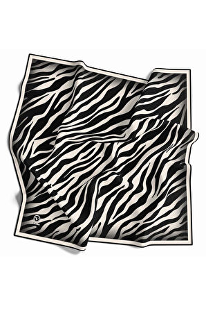 Kristal Zebra Desenli Krem - Siyah Renkli 90x90 Eşarp (İpek İçermez) Dikim Şekli : El Dikişi