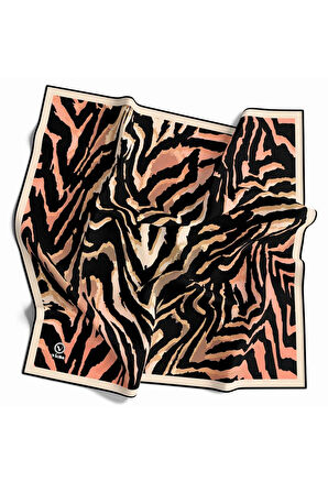 Kristal Zebra Desenli Somon - Siyah Renkli 90x90 Eşarp (İpek İçermez) Kenar Dikiş Şekli El Dikişli