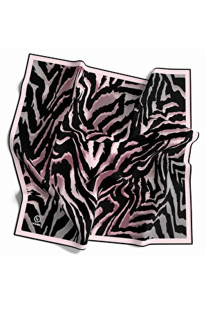 Kristal Zebra Desenli Pudra - Gri Renkli 90x90 Eşarp (İpek İçermez) Kenar Dikiş Şekli El Dikişli